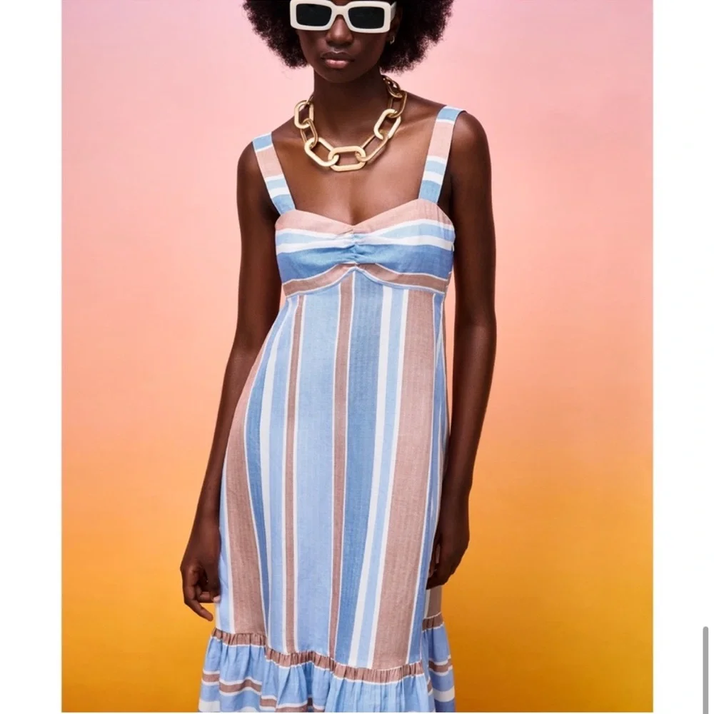 Zara Linen Blend Midi Striped Sundress Ruffle Hem 4th of July Americana Small - Picture 6 of 14
